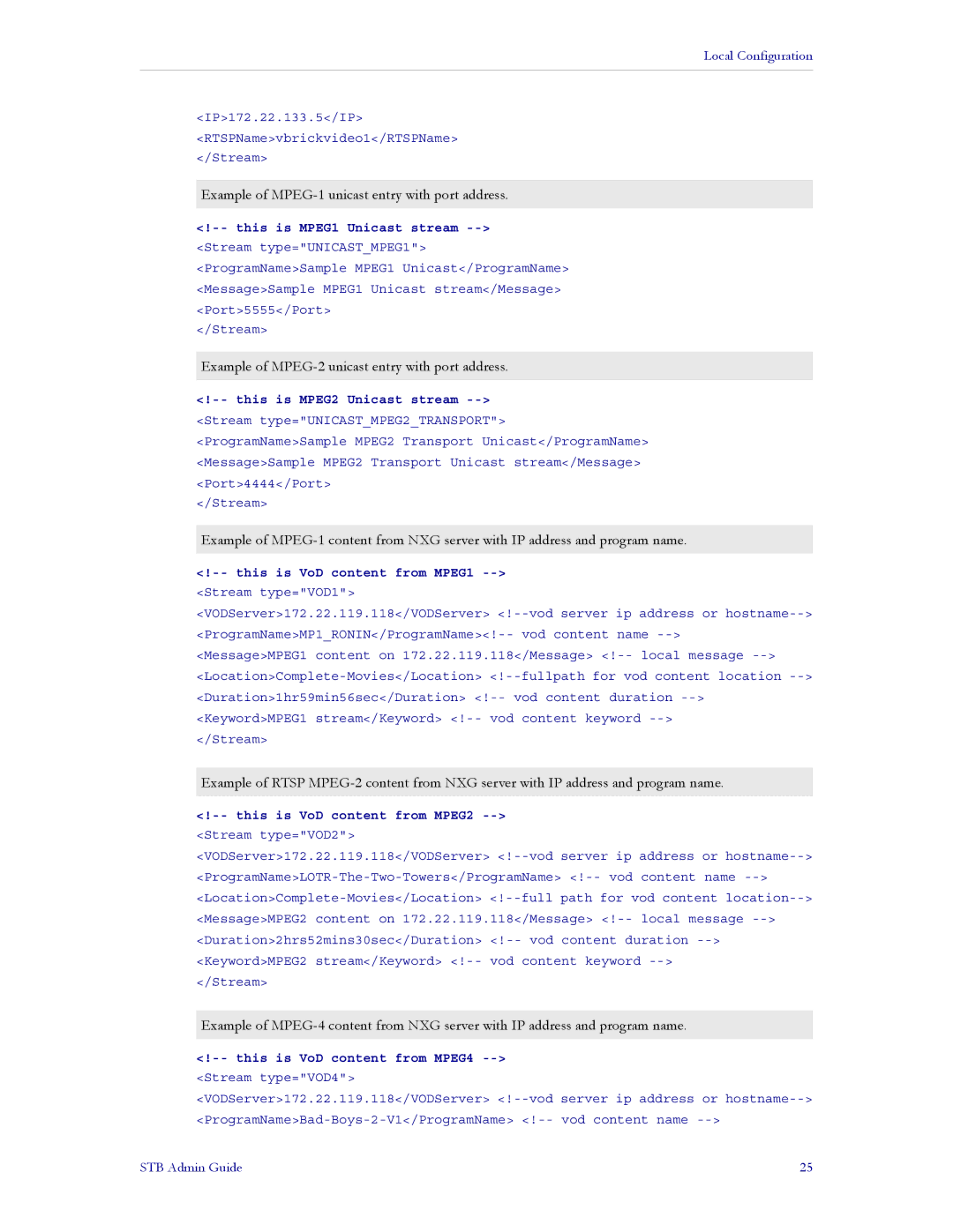 VBrick Systems MPEG-2, MPEG-4 manual Example of MPEG-1 unicast entry with port address 