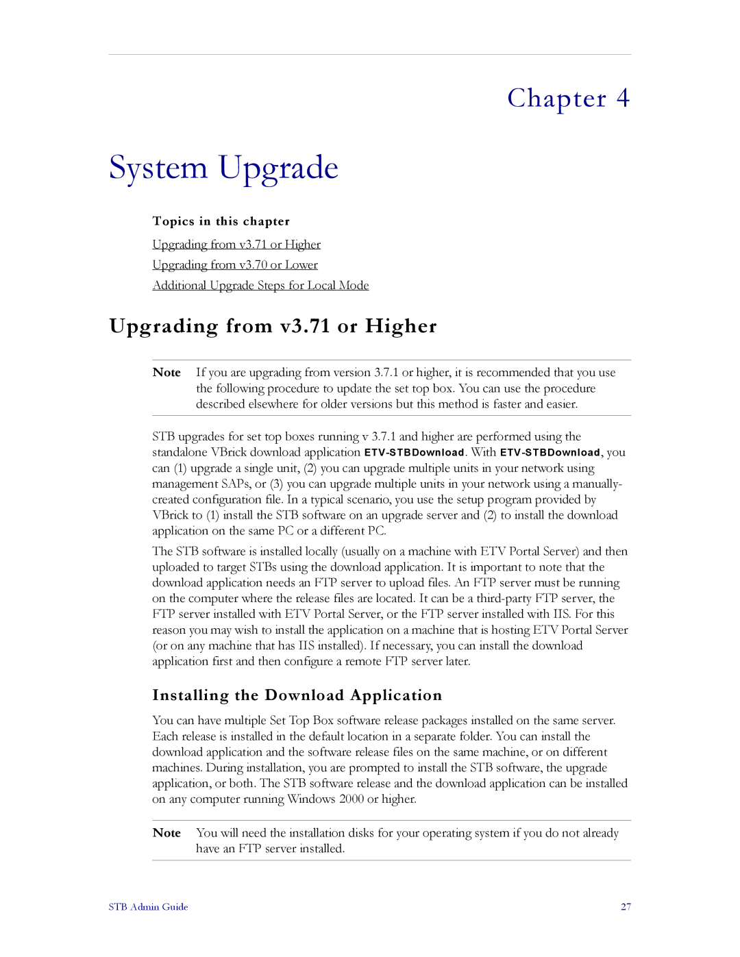 VBrick Systems MPEG-2, MPEG-1, MPEG-4 System Upgrade, Upgrading from v3.71 or Higher, Installing the Download Application 