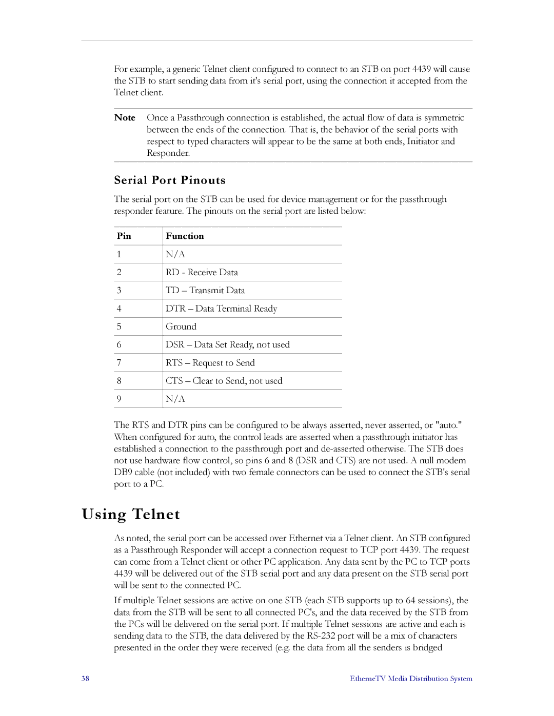 VBrick Systems MPEG-4, MPEG-2, MPEG-1 manual Using Telnet, Serial Port Pinouts 