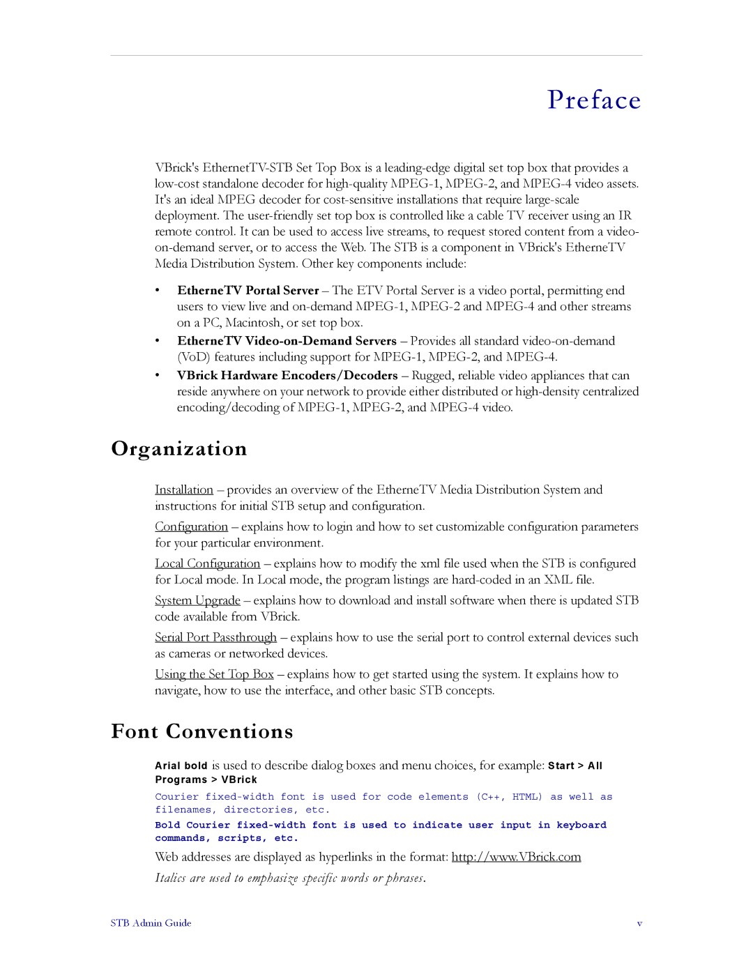 VBrick Systems MPEG-4, MPEG-2, MPEG-1 manual Organization, Font Conventions 