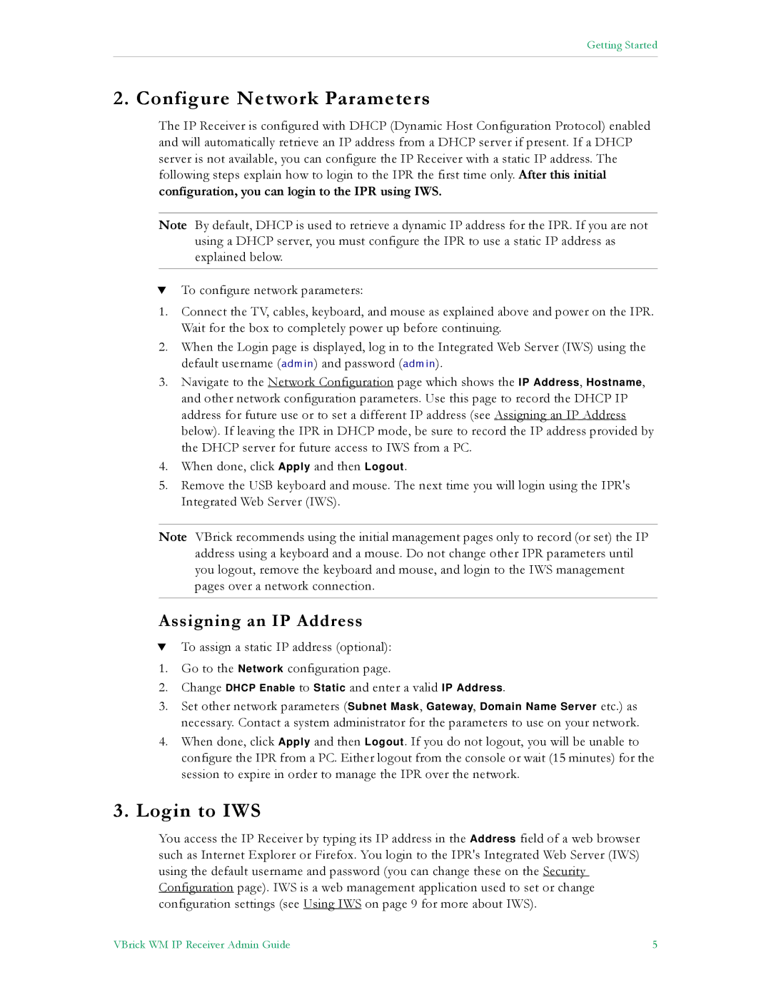 VBrick Systems v4.1 manual Configure Network Parameters, Login to IWS, Assigning an IP Address 