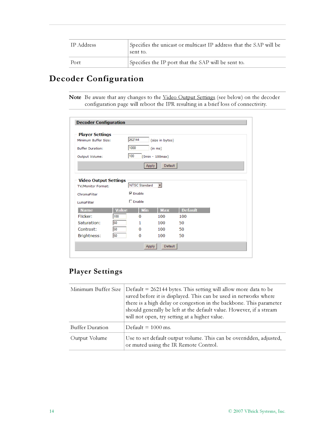 VBrick Systems v4.1 manual Decoder Configuration, Player Settings 