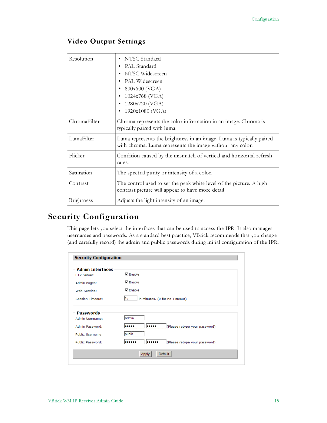 VBrick Systems v4.1 manual Security Configuration, Video Output Settings 