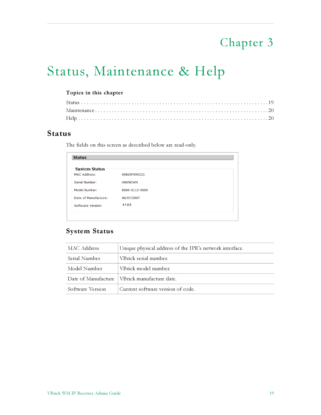 VBrick Systems v4.1 manual Status, Maintenance & Help, System Status 