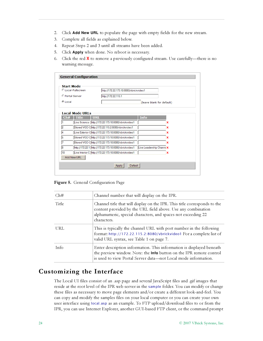 VBrick Systems v4.1 manual Customizing the Interface, General Configuration Ch# Title 