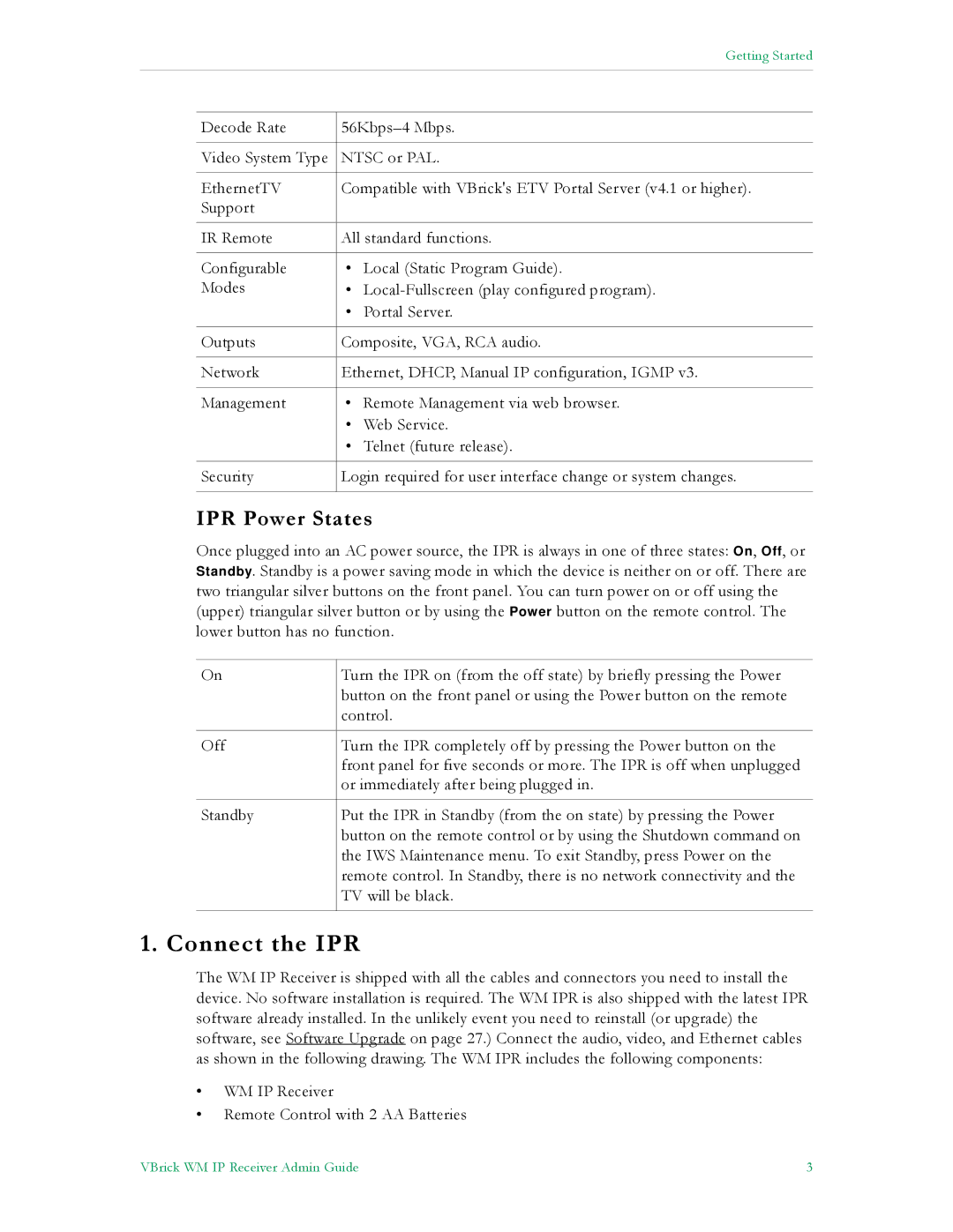 VBrick Systems v4.1 manual Connect the IPR, IPR Power States 