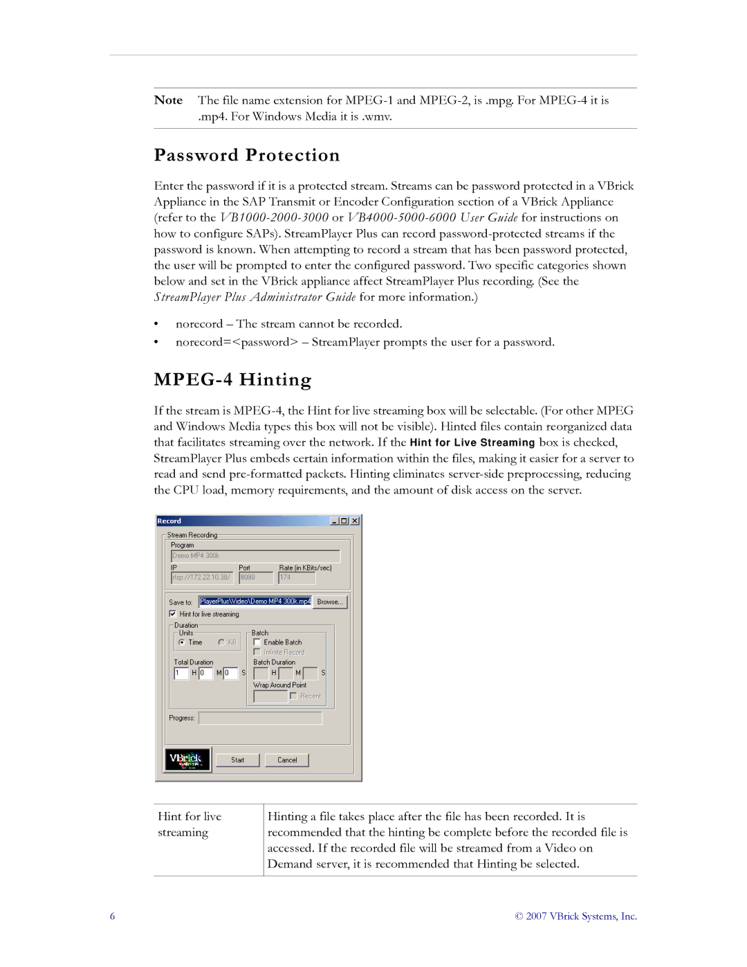 VBrick Systems v4.4 manual Password Protection, MPEG-4 Hinting 