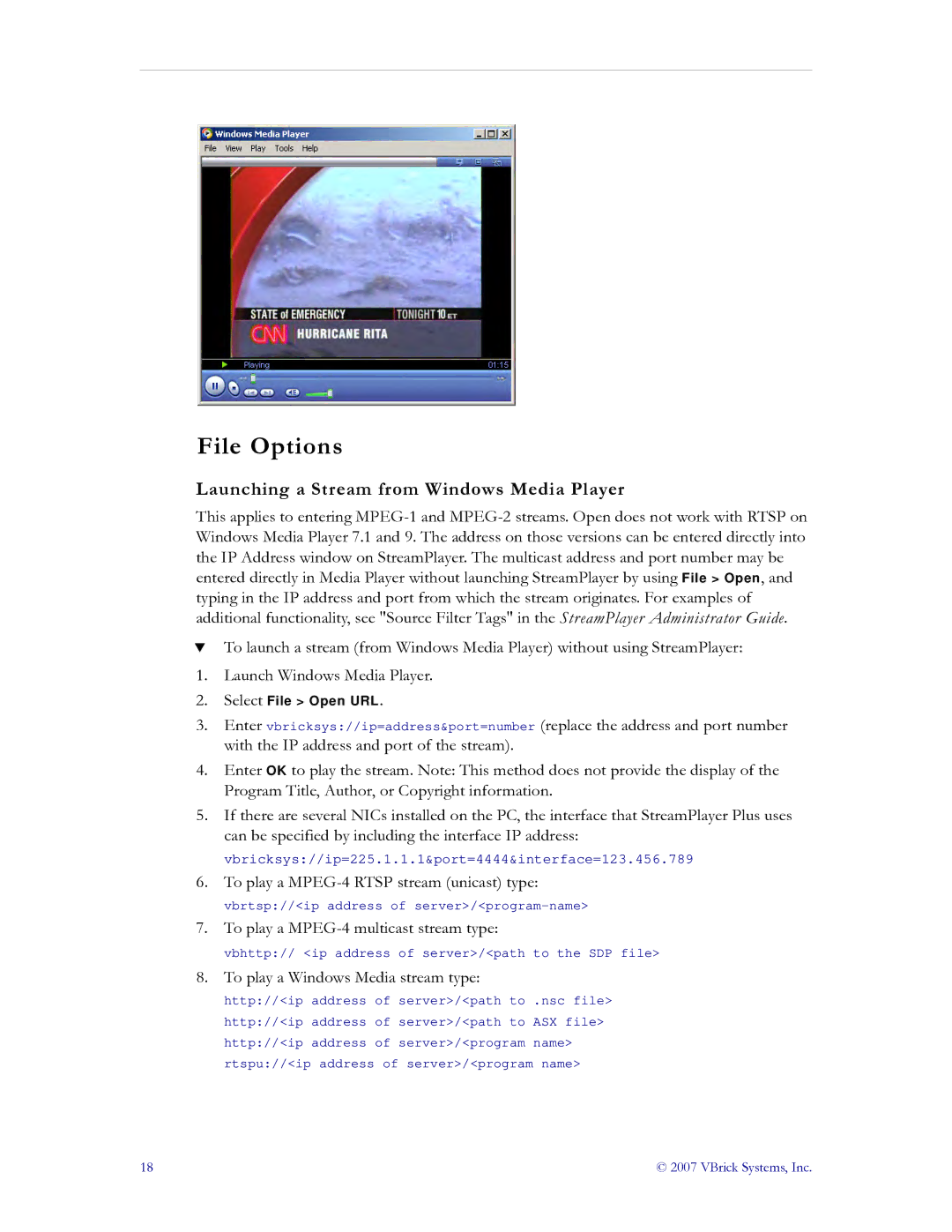 VBrick Systems v4.4 manual File Options, Launching a Stream from Windows Media Player 