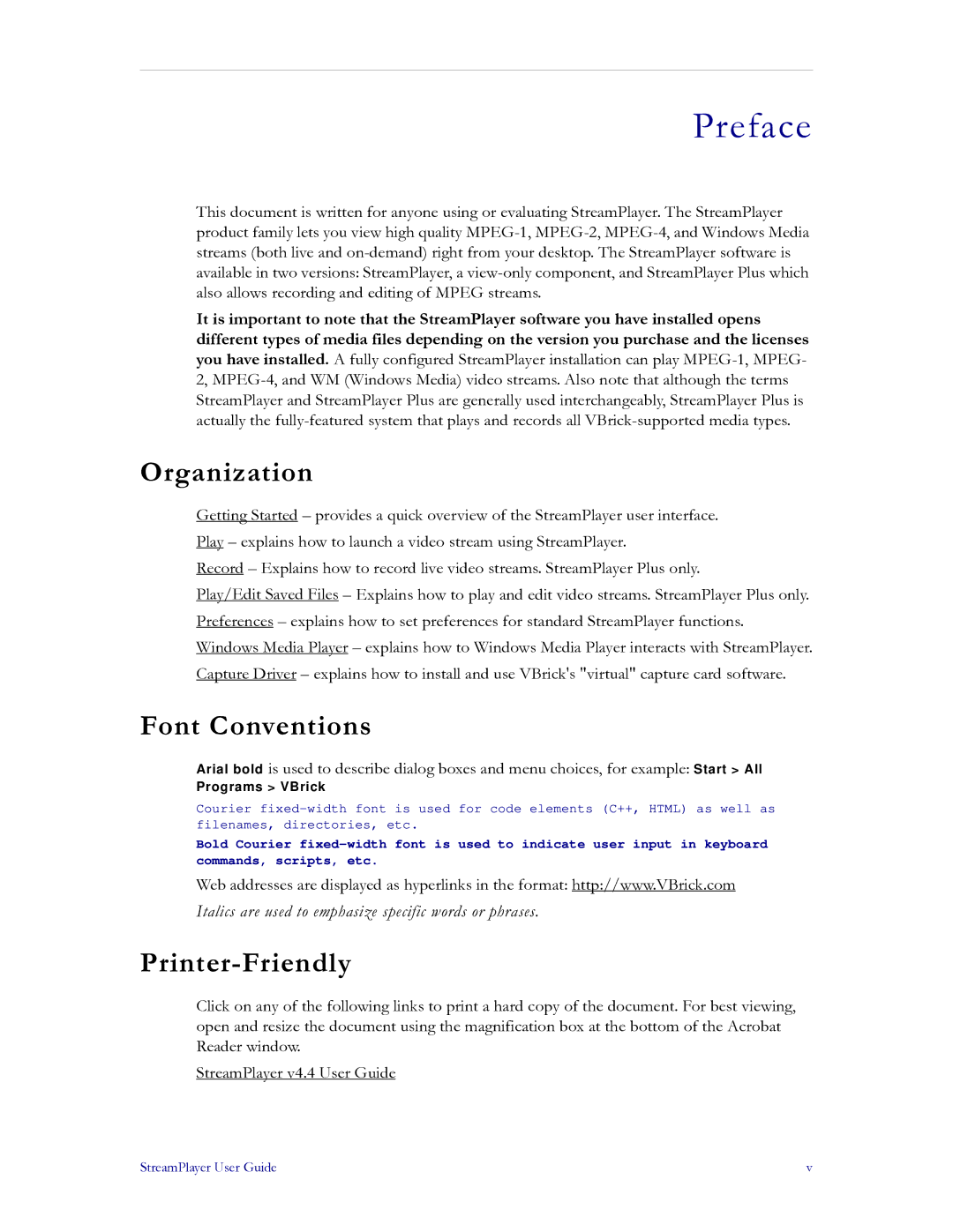 VBrick Systems v4.4 manual Organization, Font Conventions, Printer-Friendly 