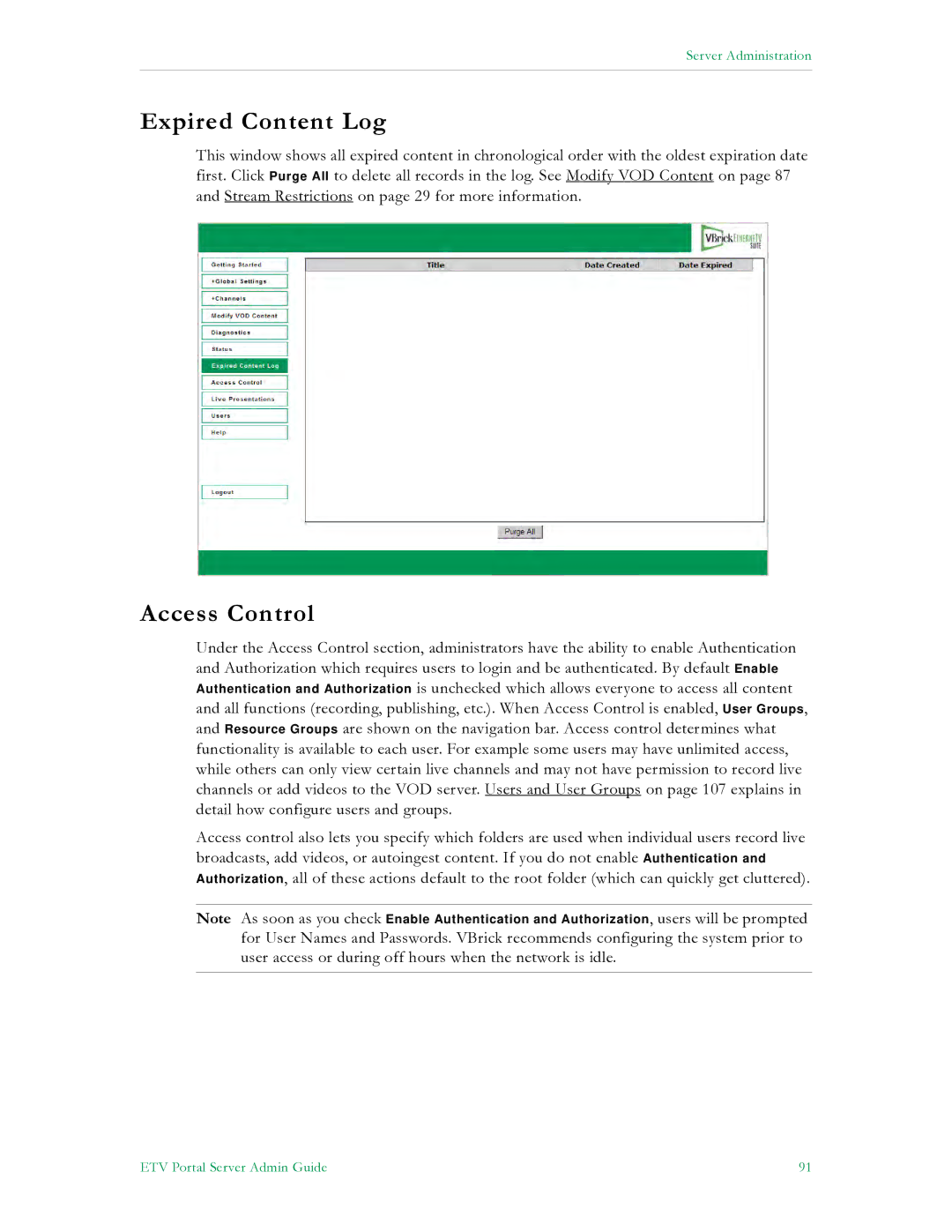 VBrick Systems V4.4.3 manual Expired Content Log, Access Control 