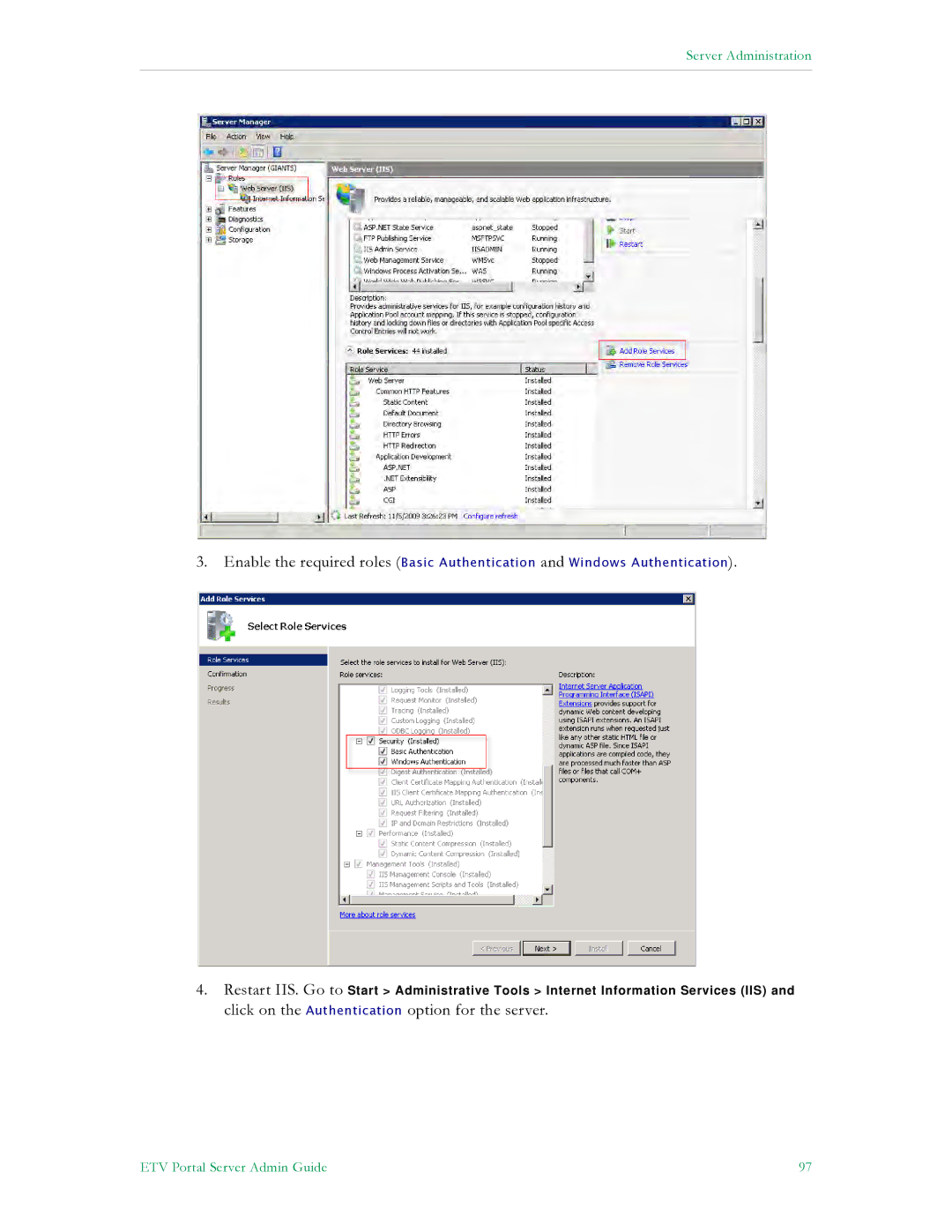 VBrick Systems V4.4.3 manual Click on the Authentication option for the server 