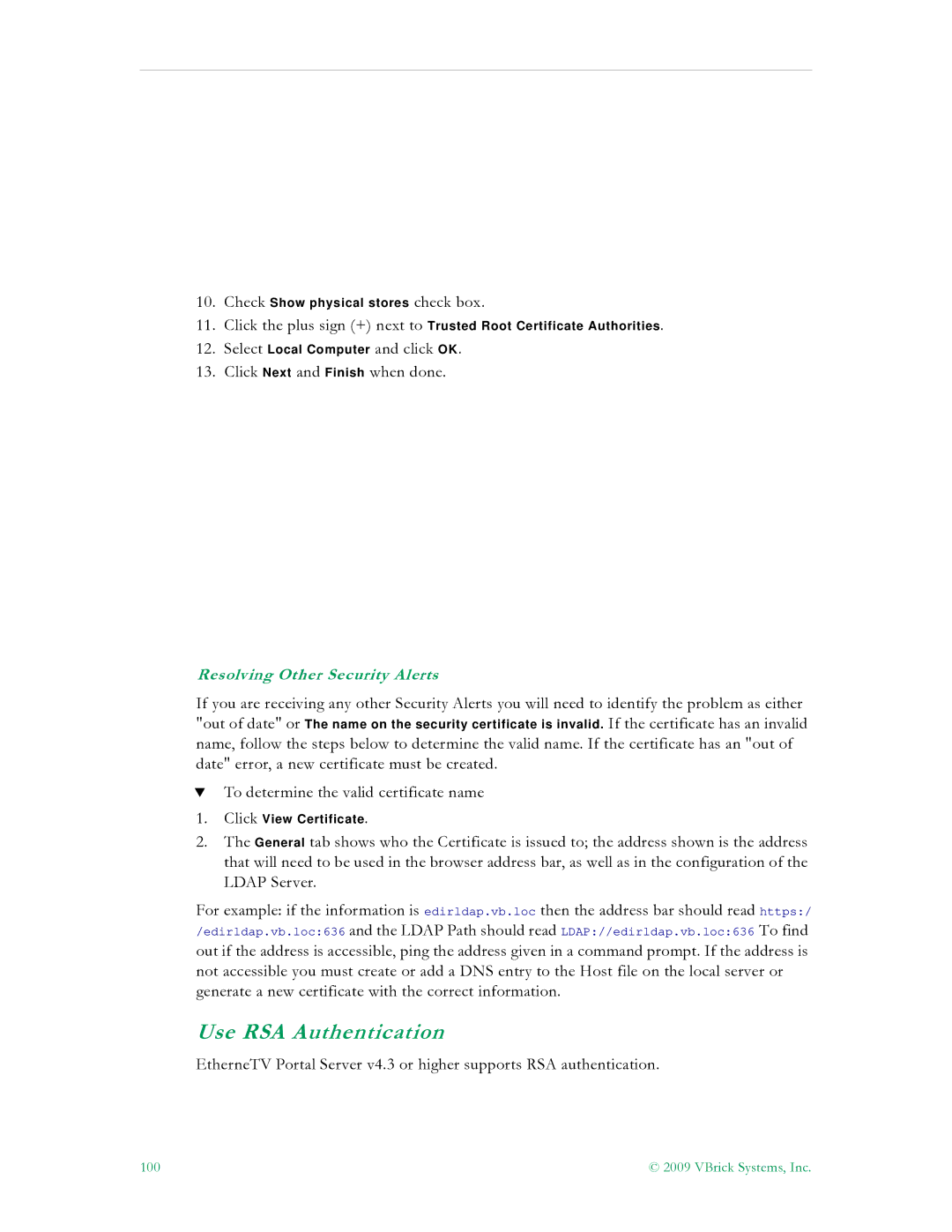 VBrick Systems V4.4.3 manual Use RSA Authentication, Resolving Other Security Alerts 
