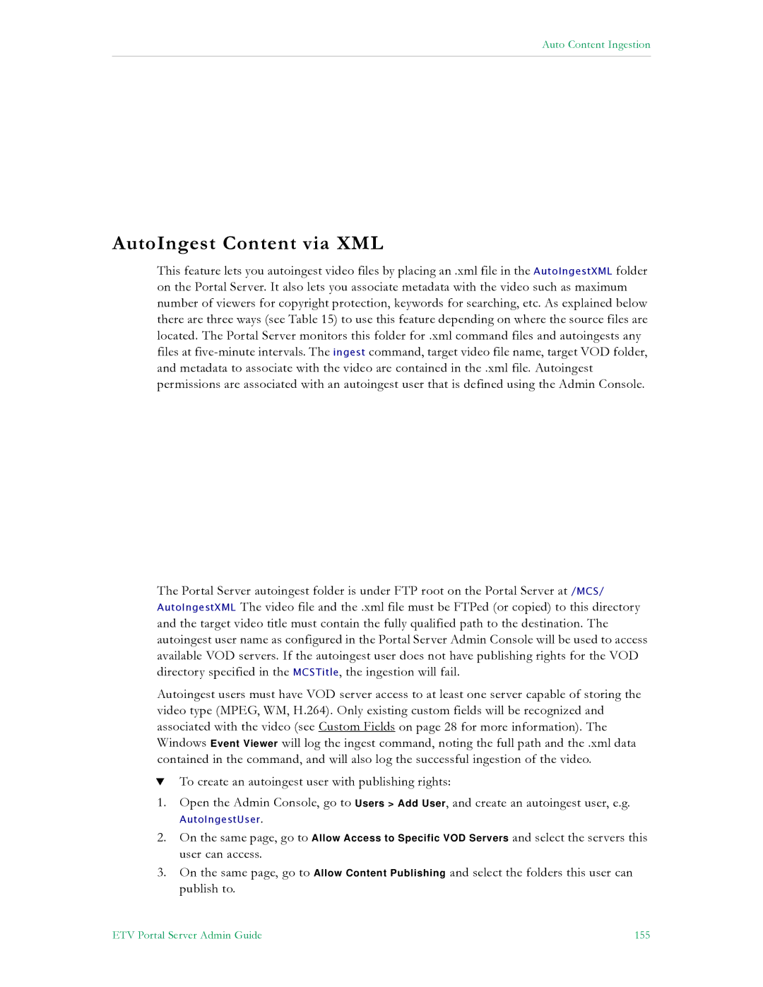 VBrick Systems V4.4.3 manual AutoIngest Content via XML, ETV Portal Server Admin Guide 155 