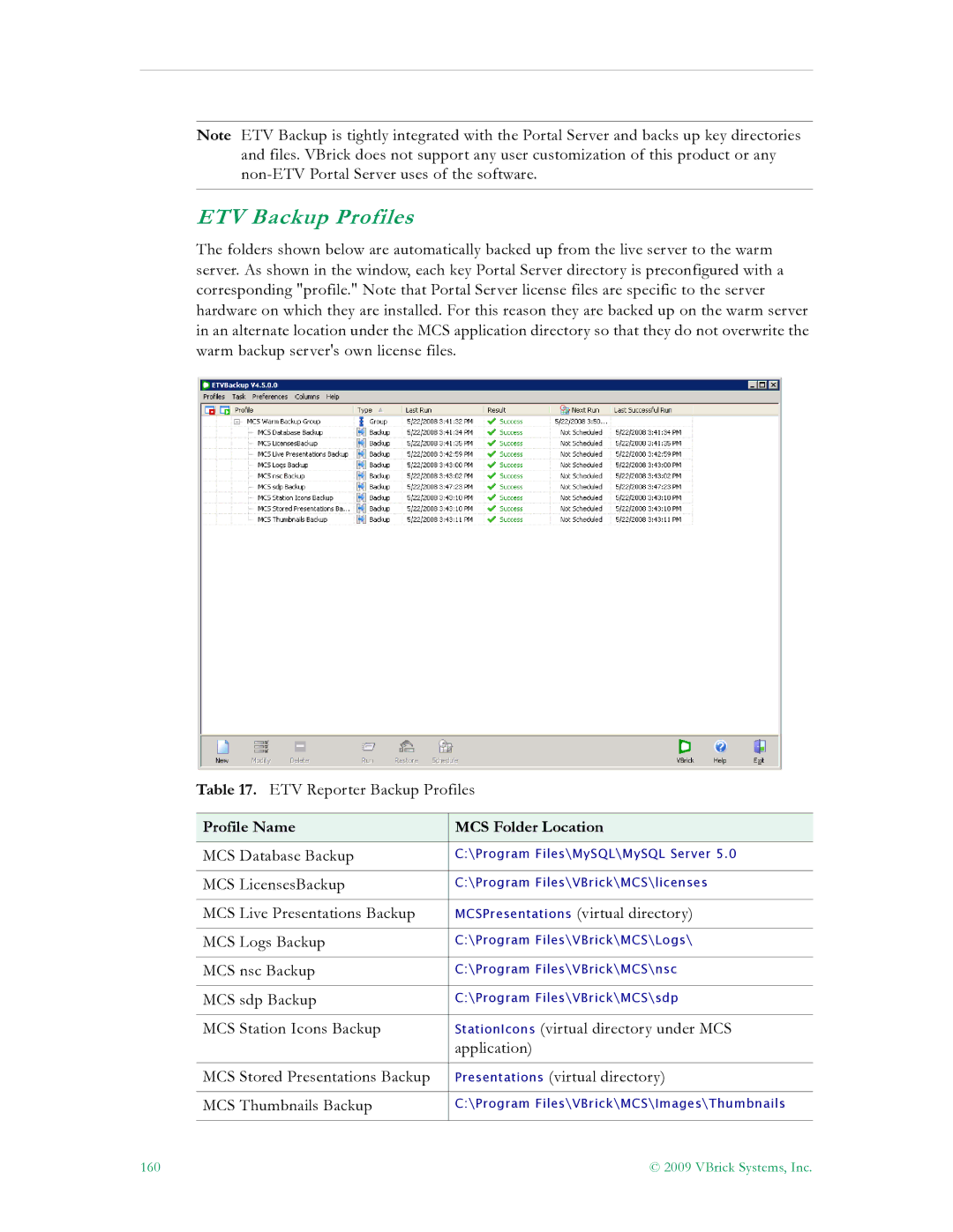 VBrick Systems V4.4.3 manual ETV Backup Profiles, Profile Name MCS Folder Location 