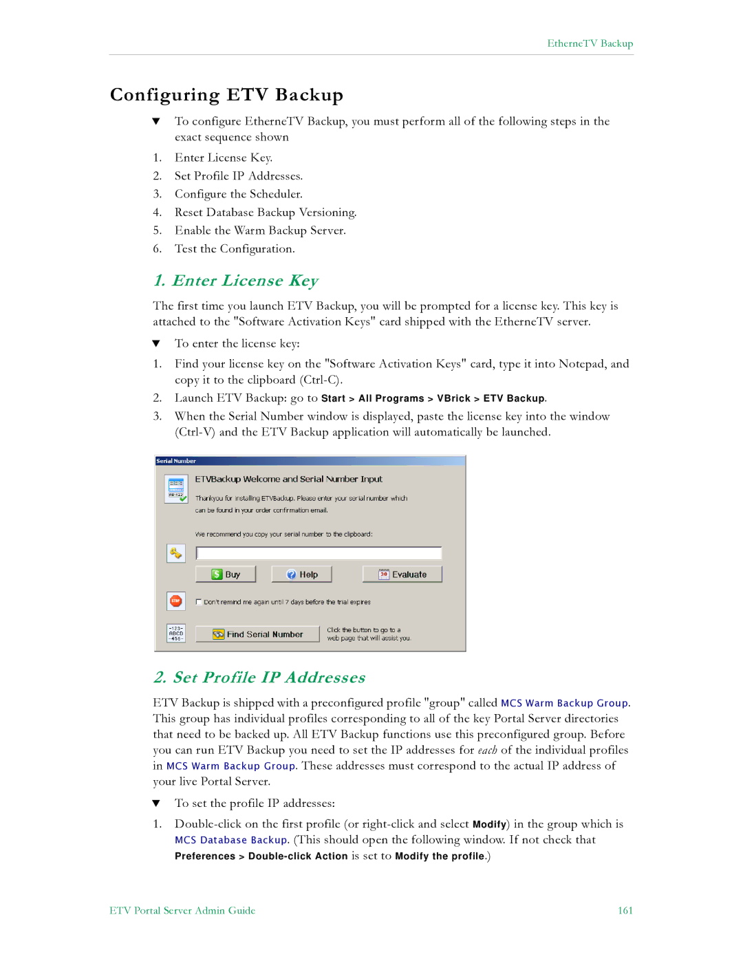 VBrick Systems V4.4.3 manual Configuring ETV Backup, Enter License Key, Set Profile IP Addresses 