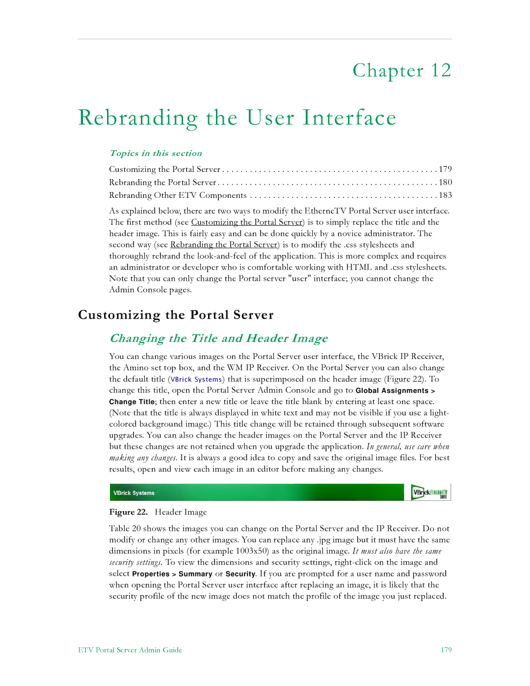 VBrick Systems V4.4.3 Rebranding the User Interface, Customizing the Portal Server, Changing the Title and Header Image 