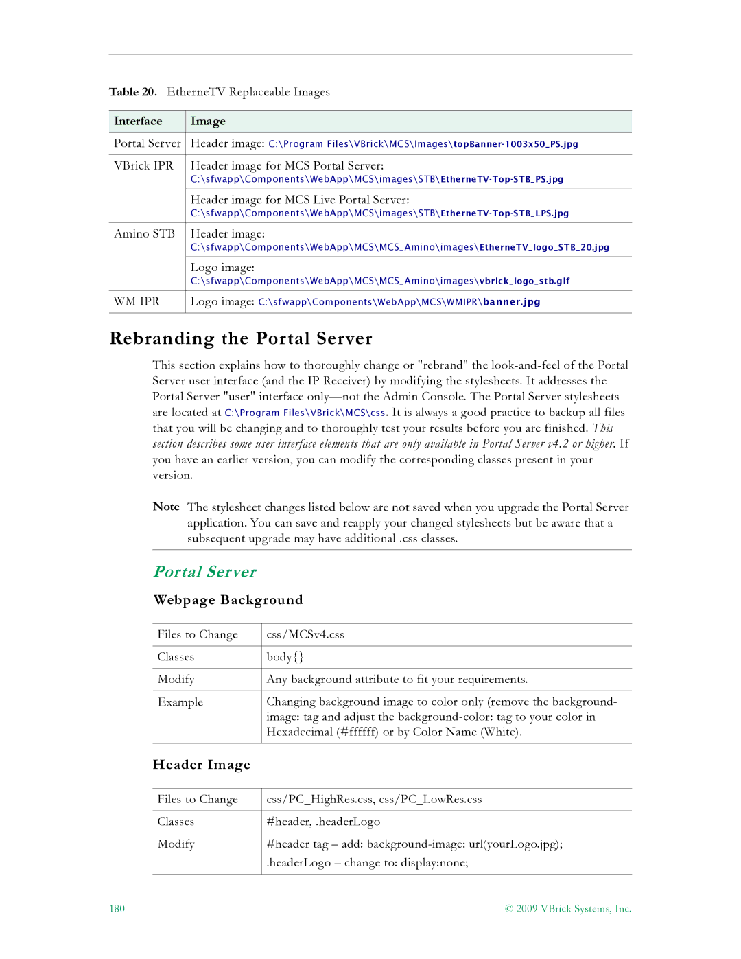 VBrick Systems V4.4.3 manual Rebranding the Portal Server, Webpage Background, Header Image, Interface Image 