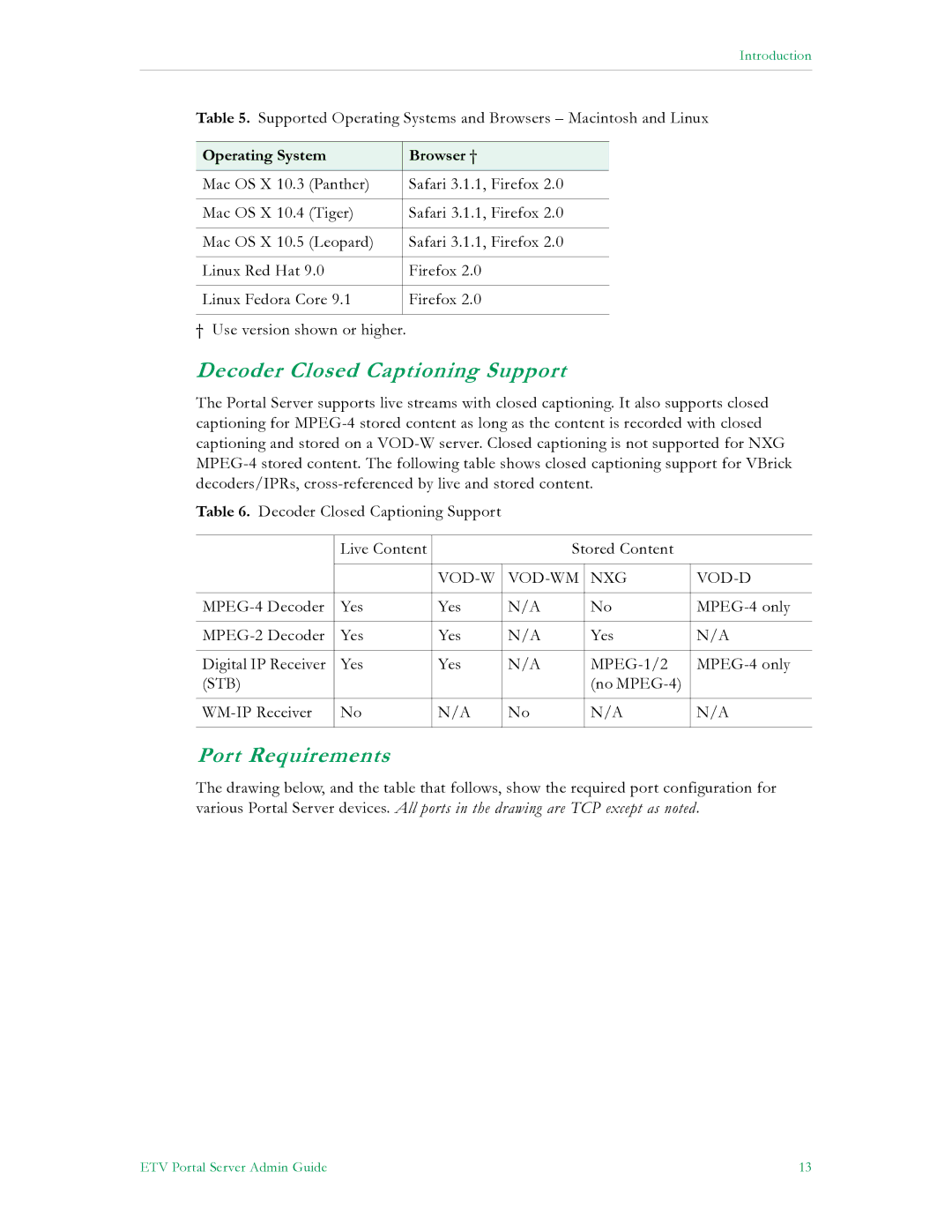 VBrick Systems V4.4.3 manual Decoder Closed Captioning Support, Port Requirements, Operating System Browser † 