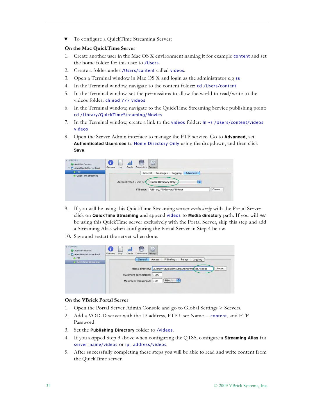 VBrick Systems V4.4.3 manual On the Mac QuickTime Server, On the VBrick Portal Server 