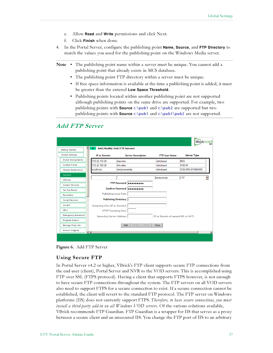 VBrick Systems V4.4.3 manual Add FTP Server, Using Secure FTP 