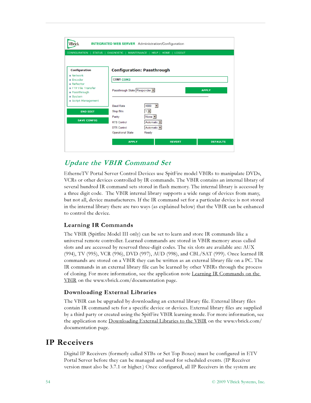 VBrick Systems V4.4.3 manual IP Receivers, Update the Vbir Command Set, Learning IR Commands Downloading External Libraries 