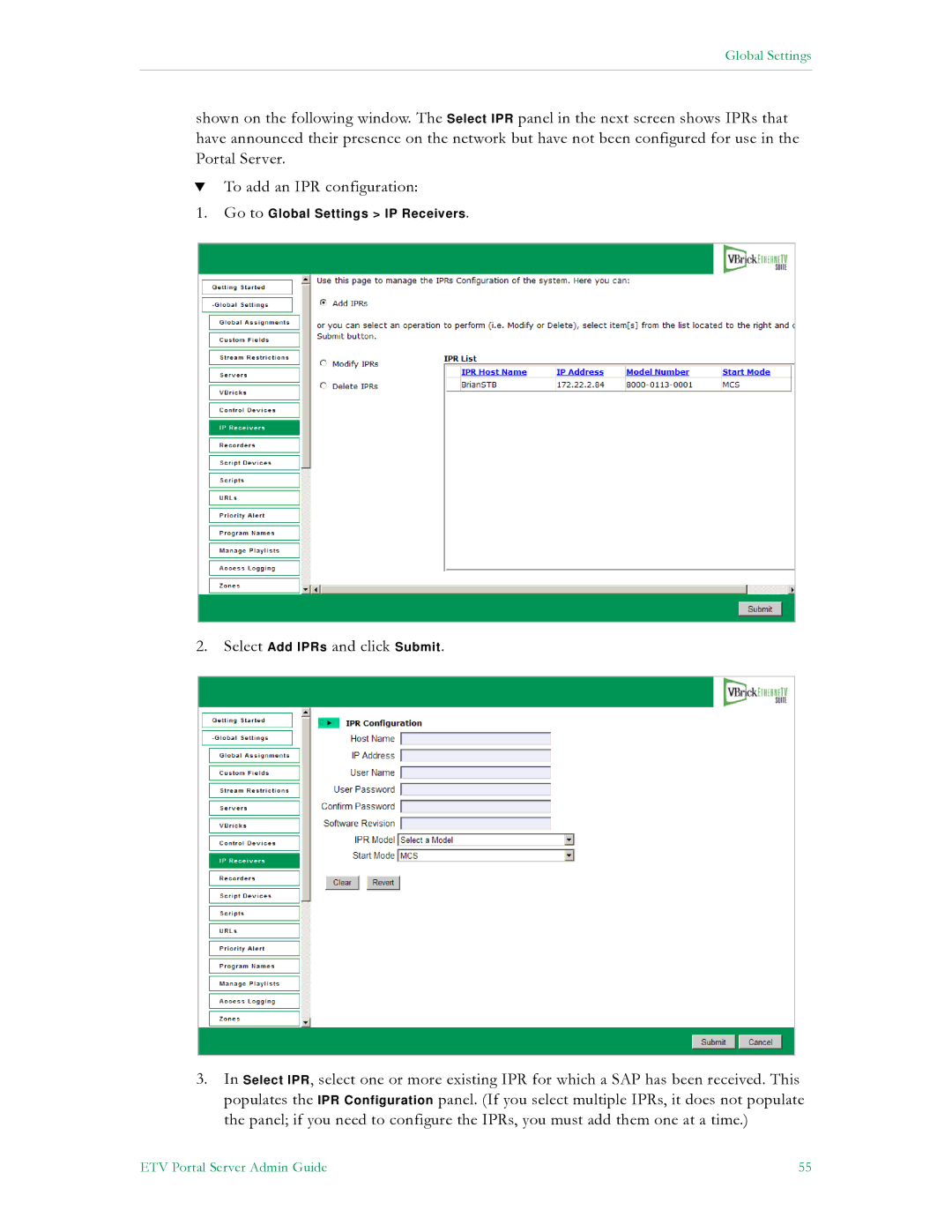 VBrick Systems V4.4.3 manual Go to Global Settings IP Receivers 