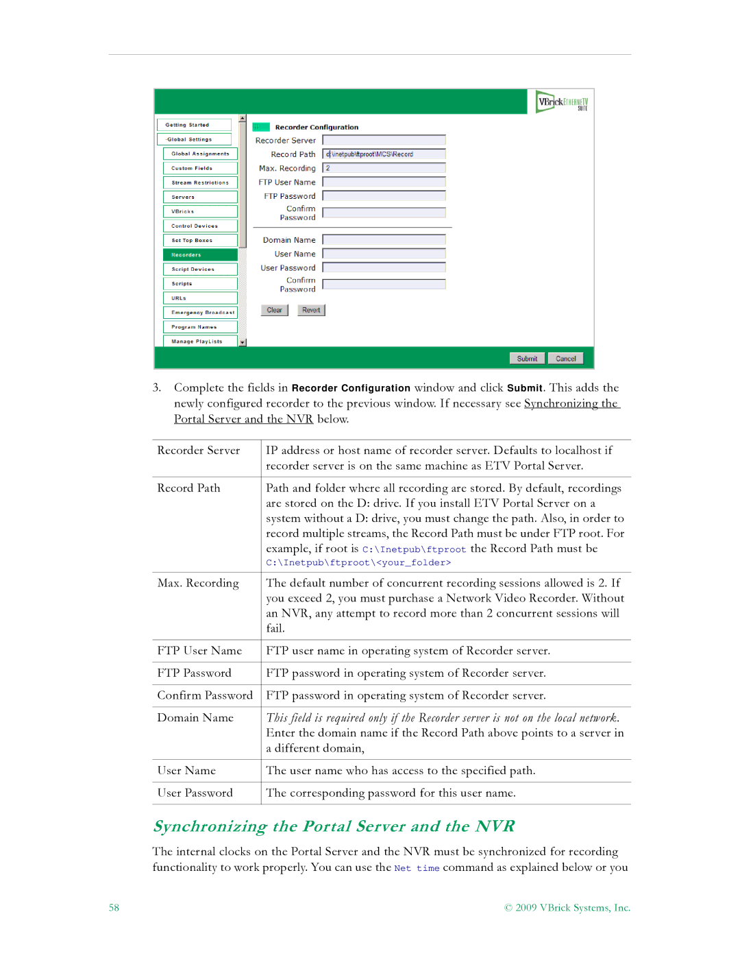 VBrick Systems V4.4.3 manual Synchronizing the Portal Server and the NVR 