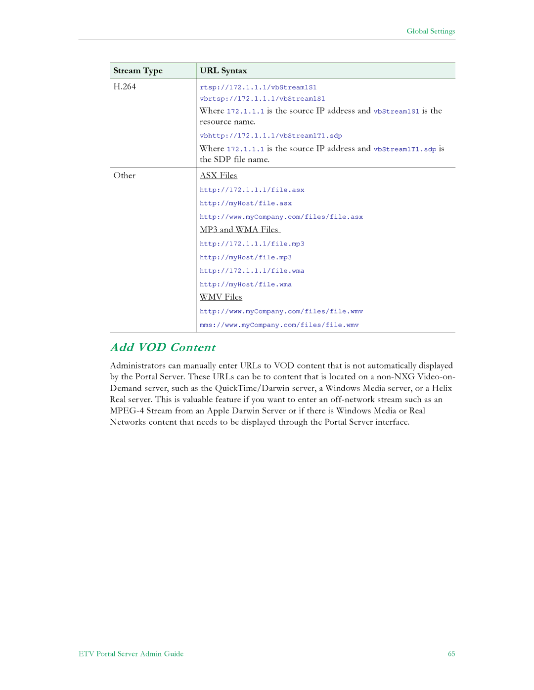 VBrick Systems V4.4.3 manual Add VOD Content, Stream Type URL Syntax 
