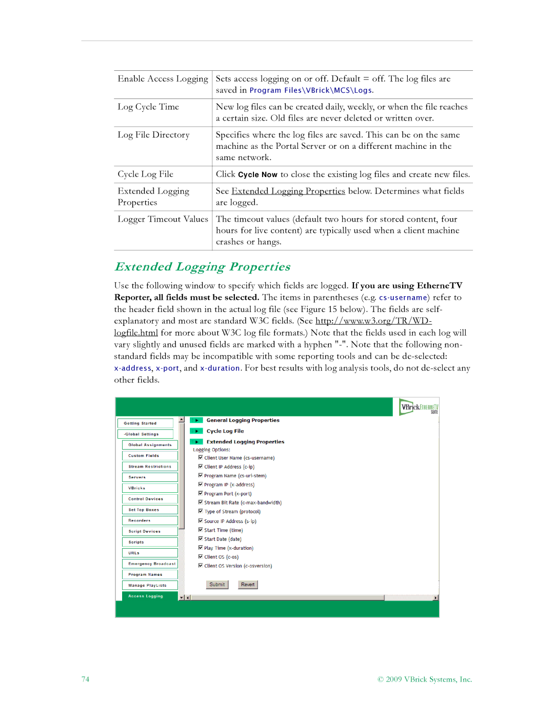 VBrick Systems V4.4.3 manual Extended Logging Properties 