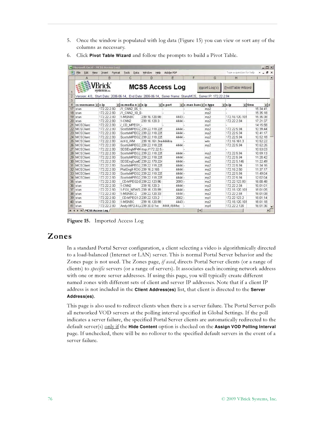 VBrick Systems V4.4.3 manual Zones, Imported Access Log 