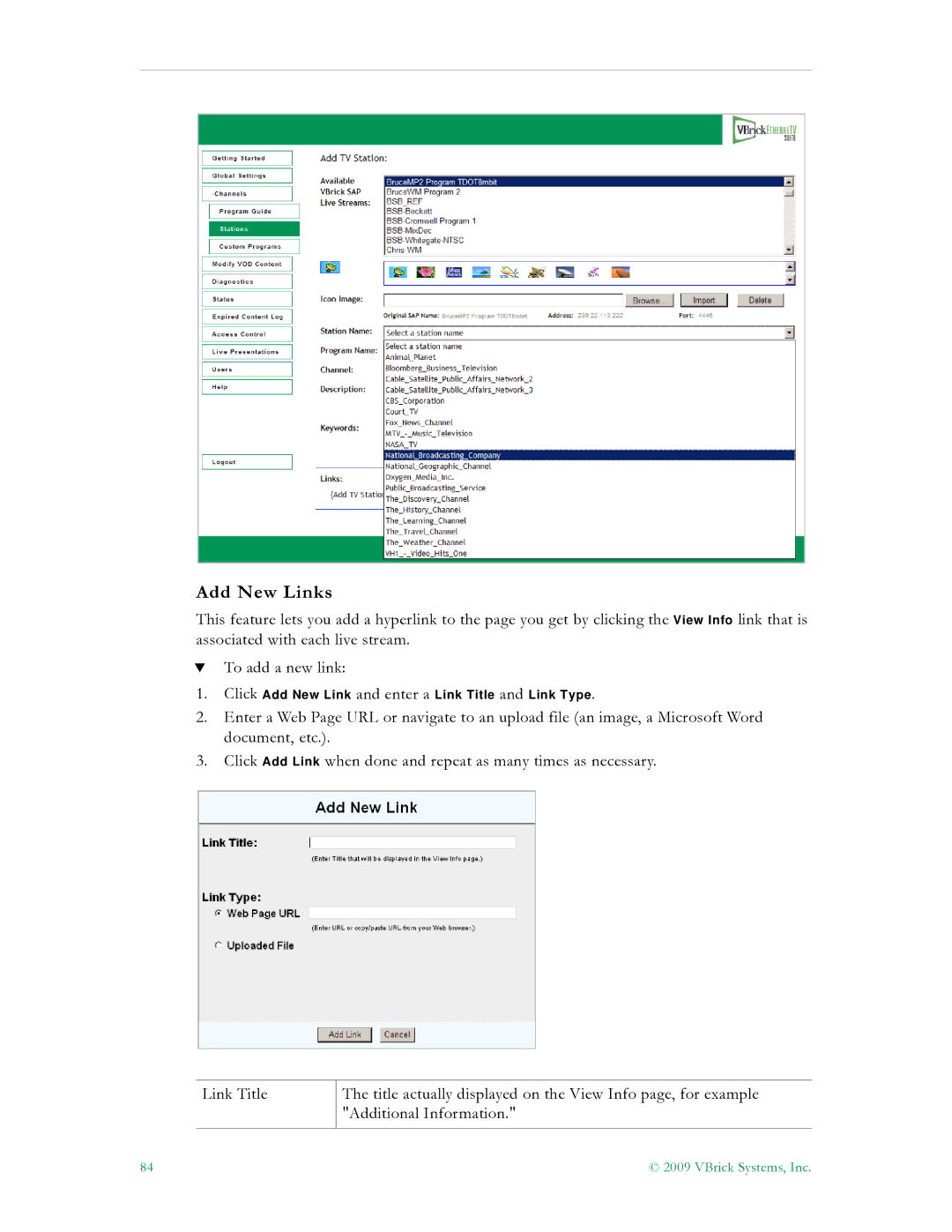 VBrick Systems V4.4.3 manual Add New Links 