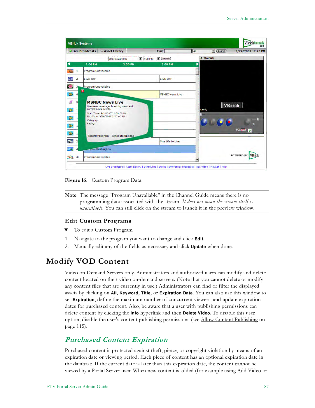 VBrick Systems V4.4.3 manual Modify VOD Content, Purchased Content Expiration, Edit Custom Programs 