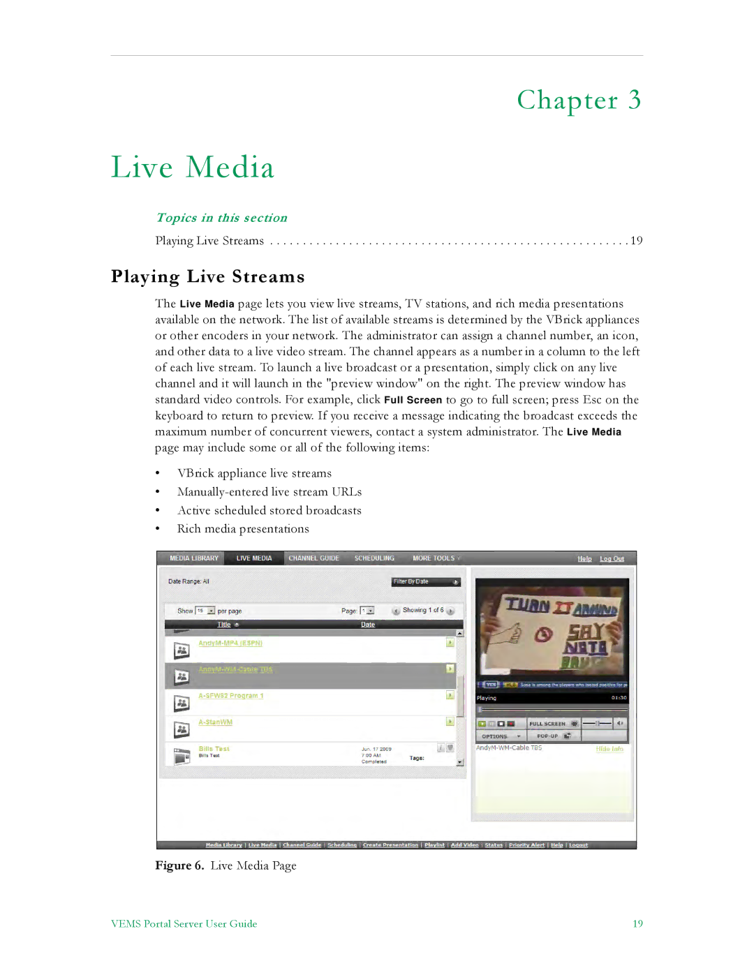 VBrick Systems V5.0 manual Live Media, Playing Live Streams 