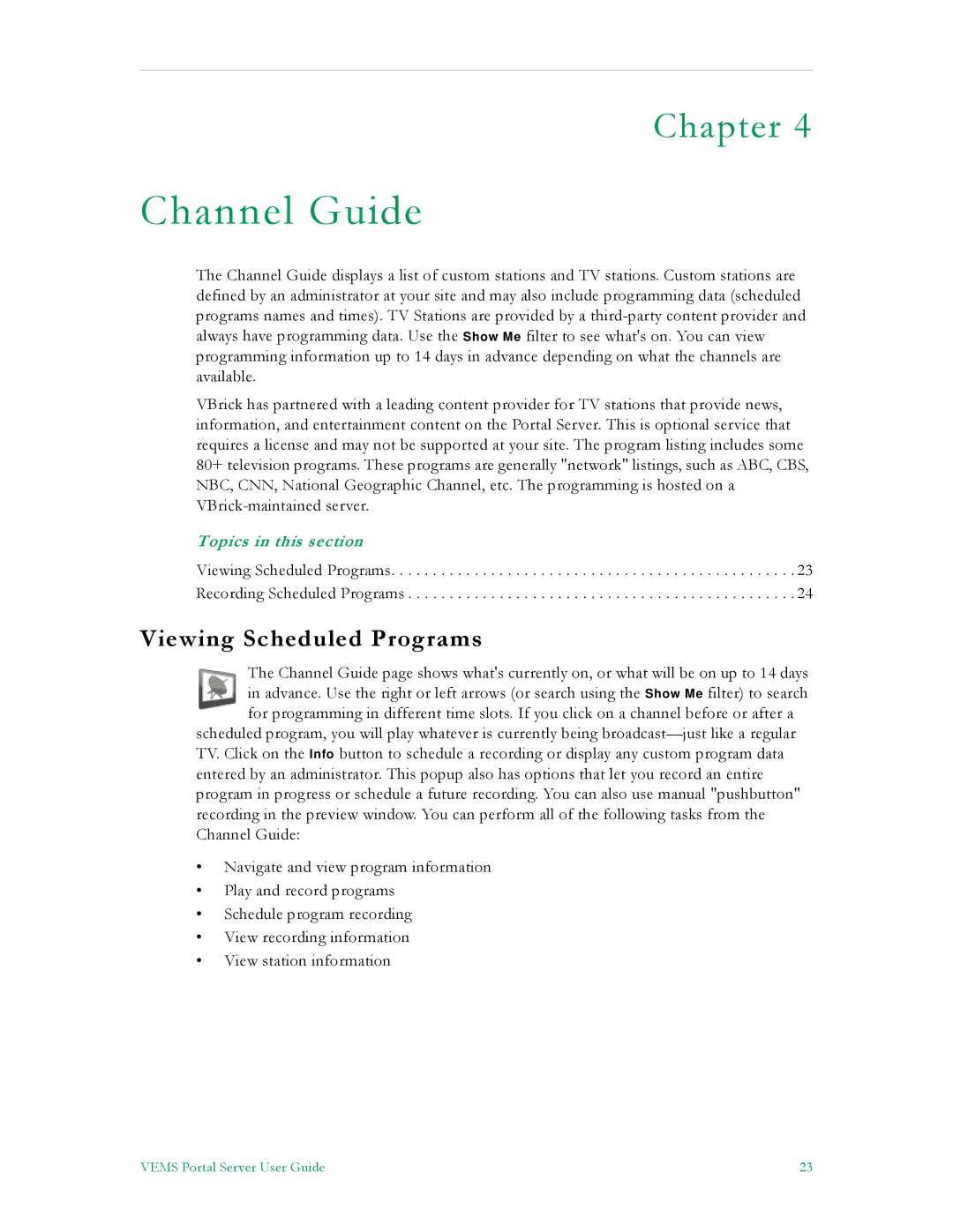 VBrick Systems V5.0 manual Channel Guide, Viewing Scheduled Programs 