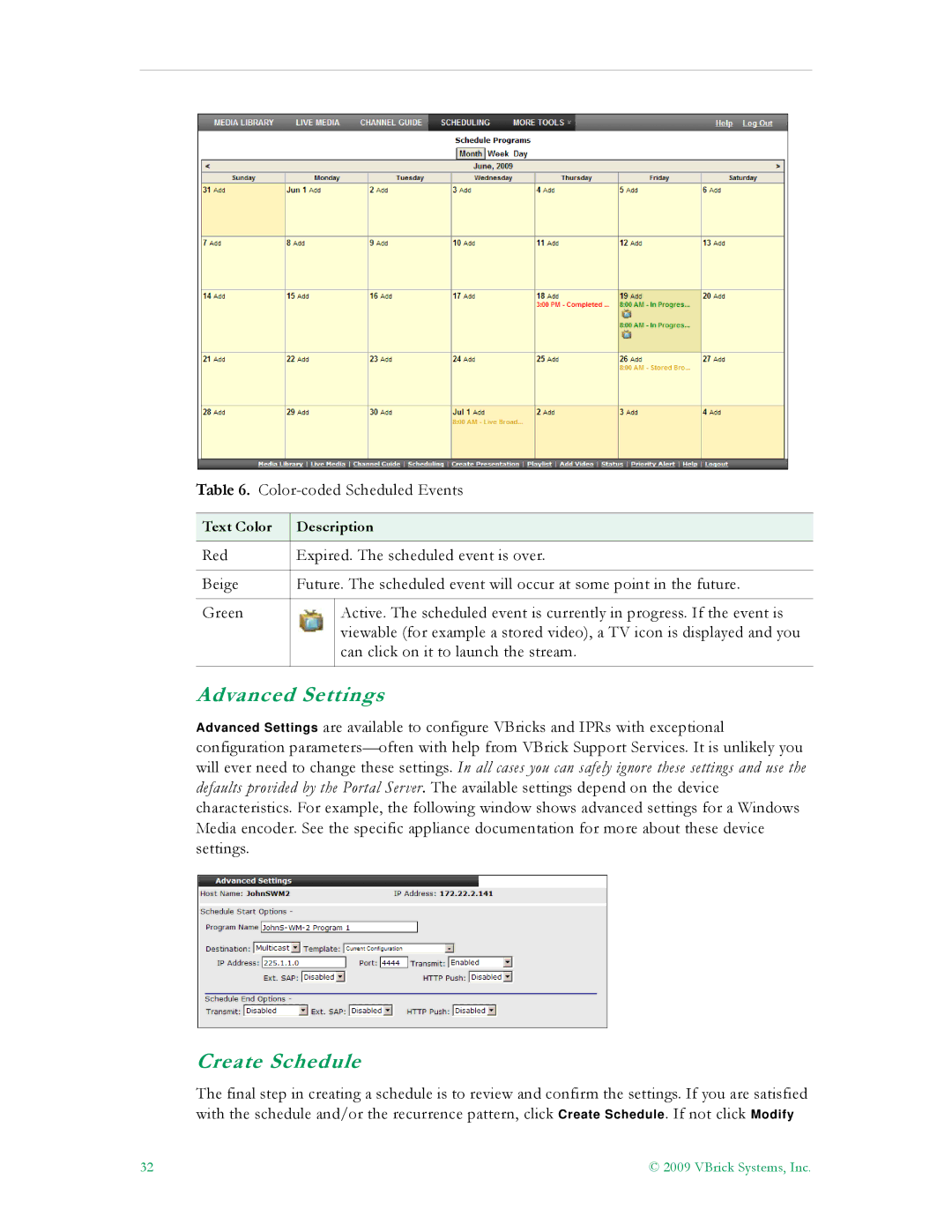VBrick Systems V5.0 manual Advanced Settings, Create Schedule 