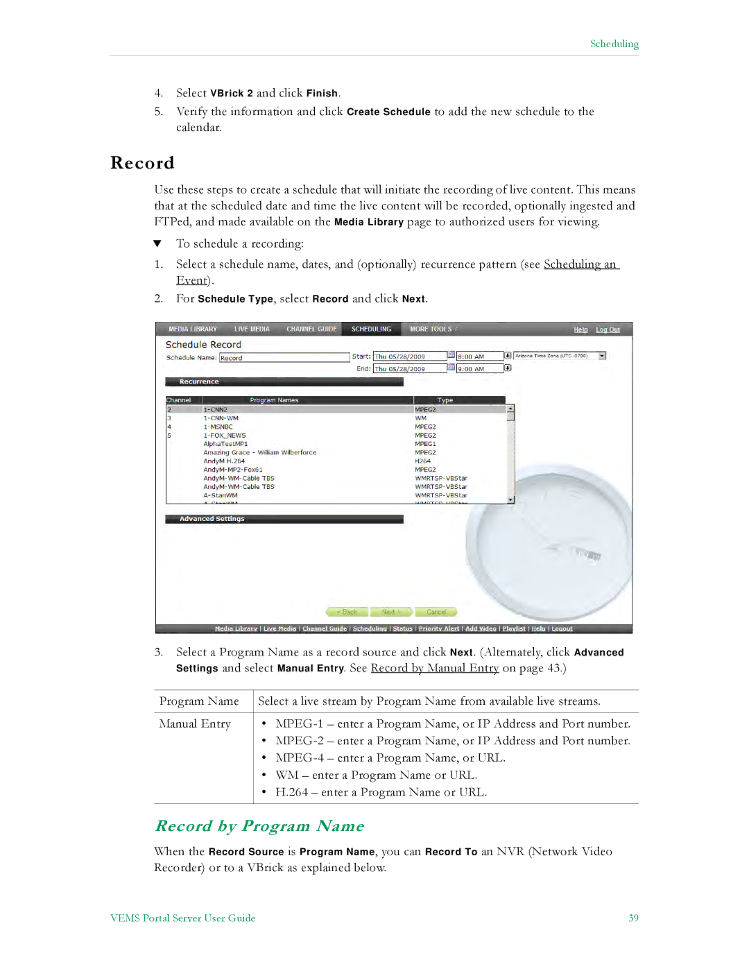 VBrick Systems V5.0 manual Record by Program Name 