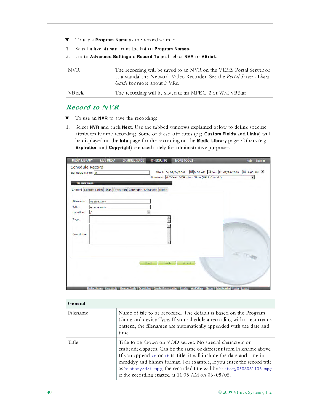 VBrick Systems V5.0 manual Record to NVR, Nvr 