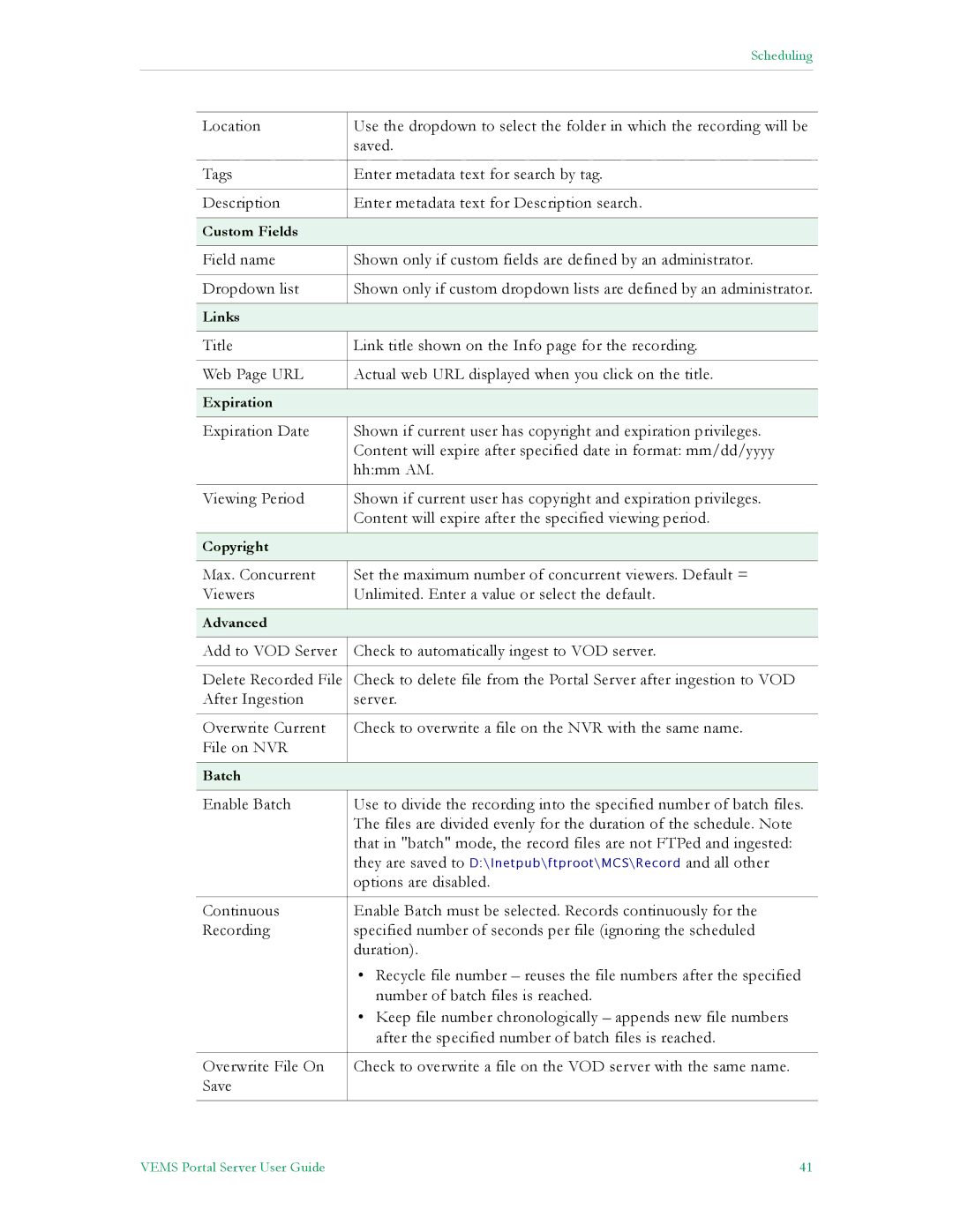 VBrick Systems V5.0 manual Custom Fields 