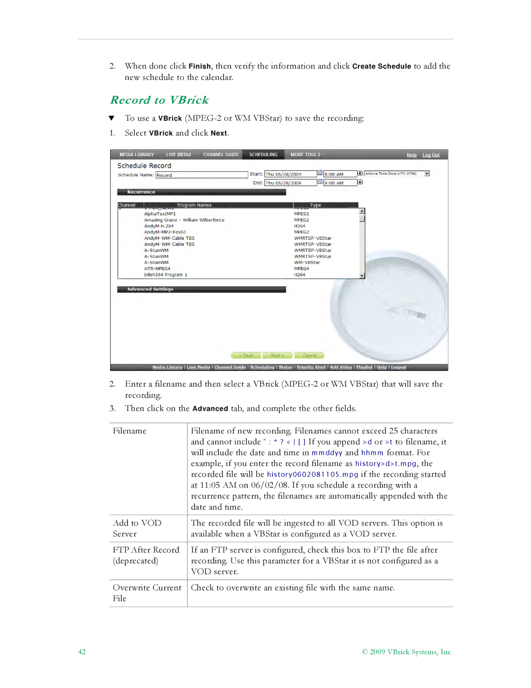 VBrick Systems V5.0 manual Record to VBrick 