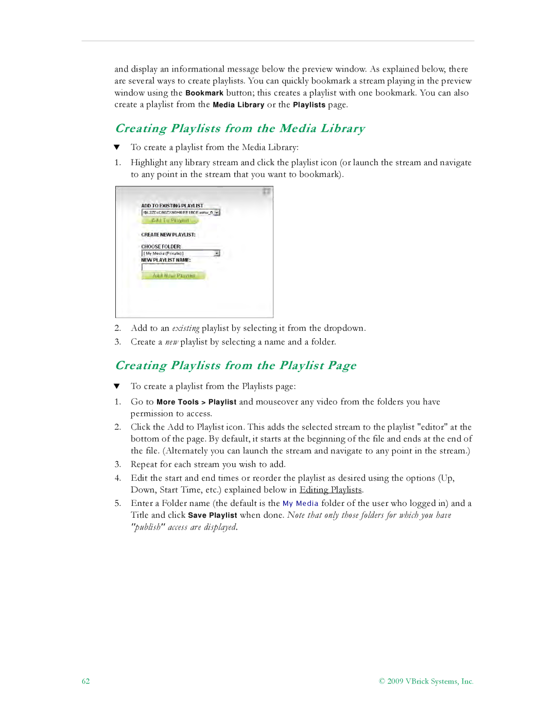 VBrick Systems V5.0 manual Creating Playlists from the Media Library, Creating Playlists from the Playlist 