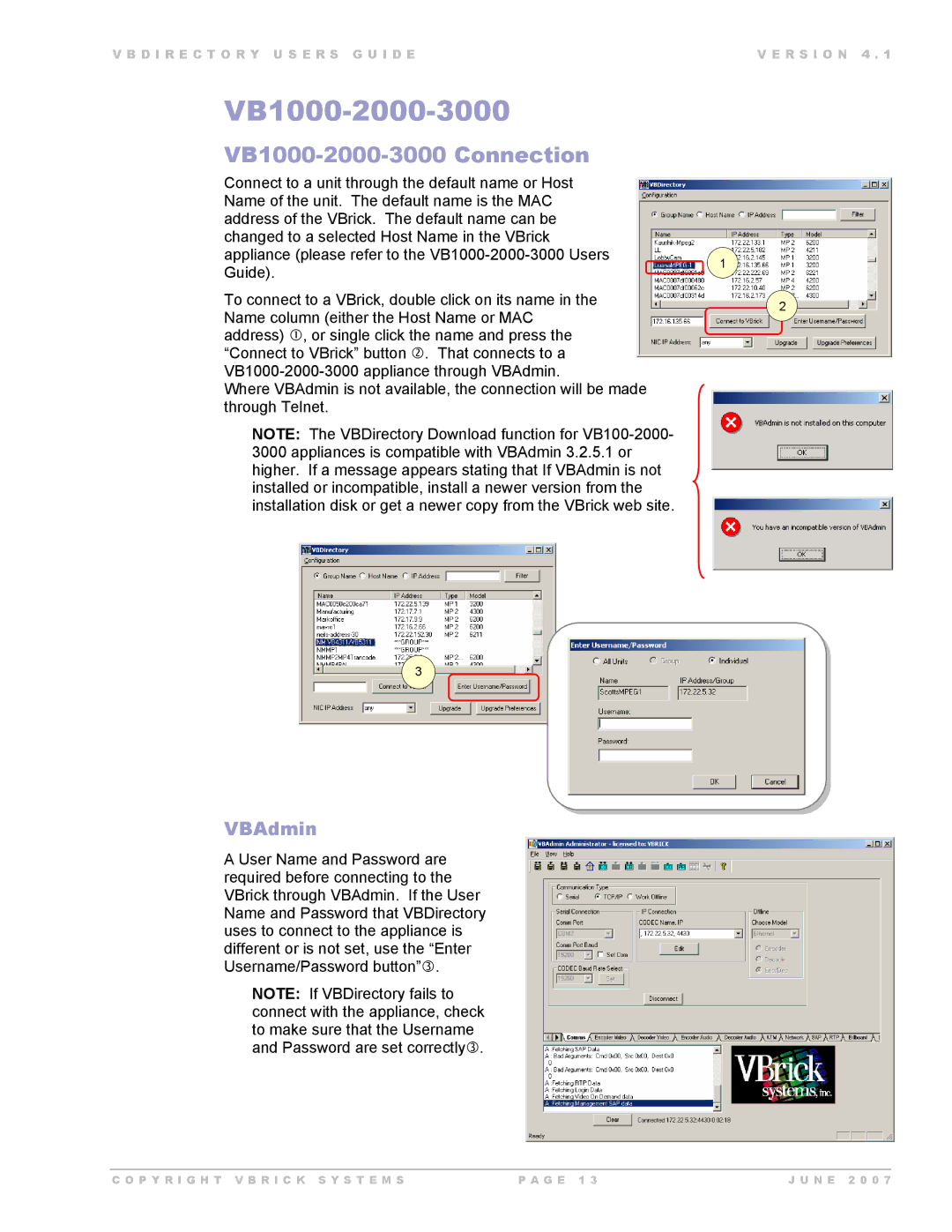 VBrick Systems VB Directory System manual VB1000-2000-3000 Connection, VBAdmin 