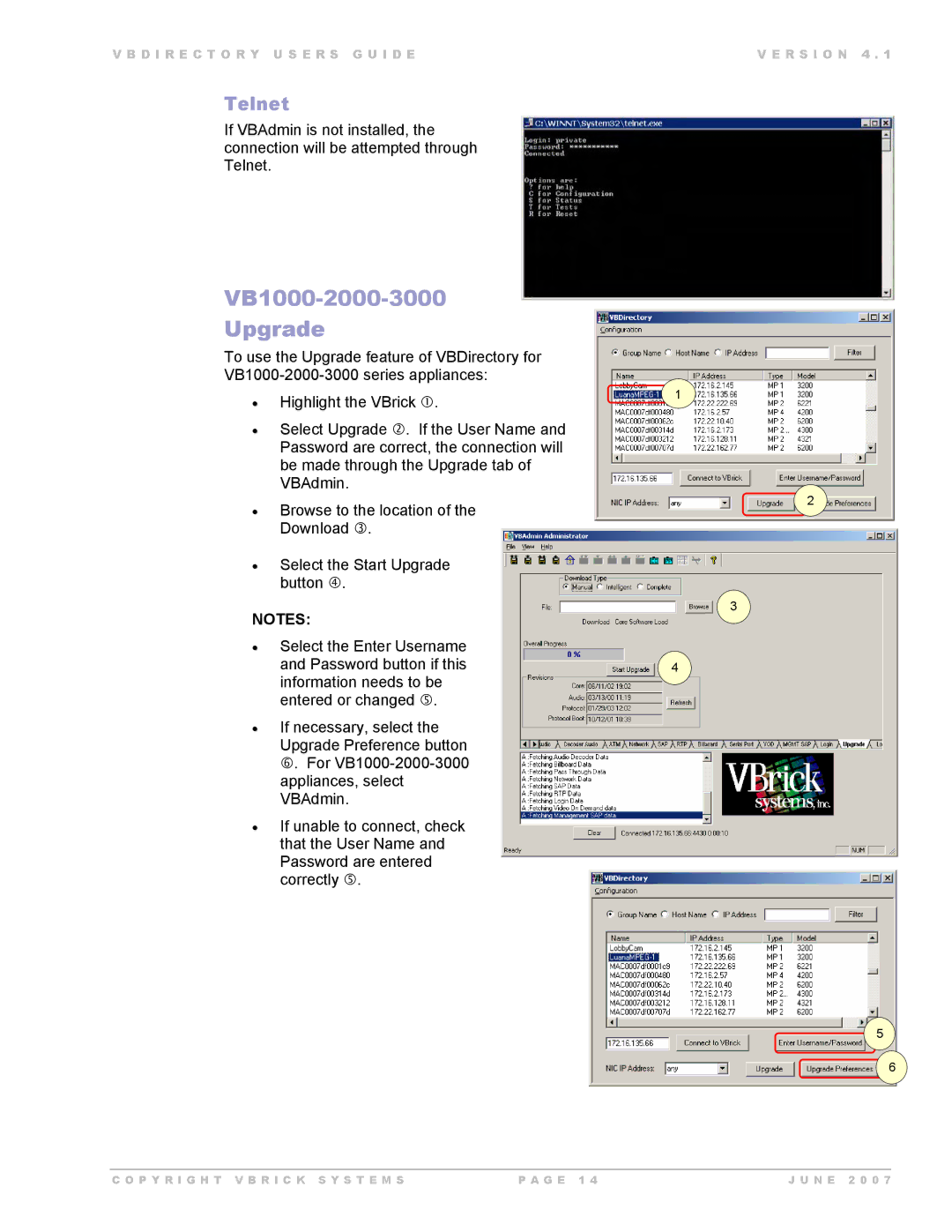 VBrick Systems VB Directory System manual VB1000-2000-3000 Upgrade, Telnet 