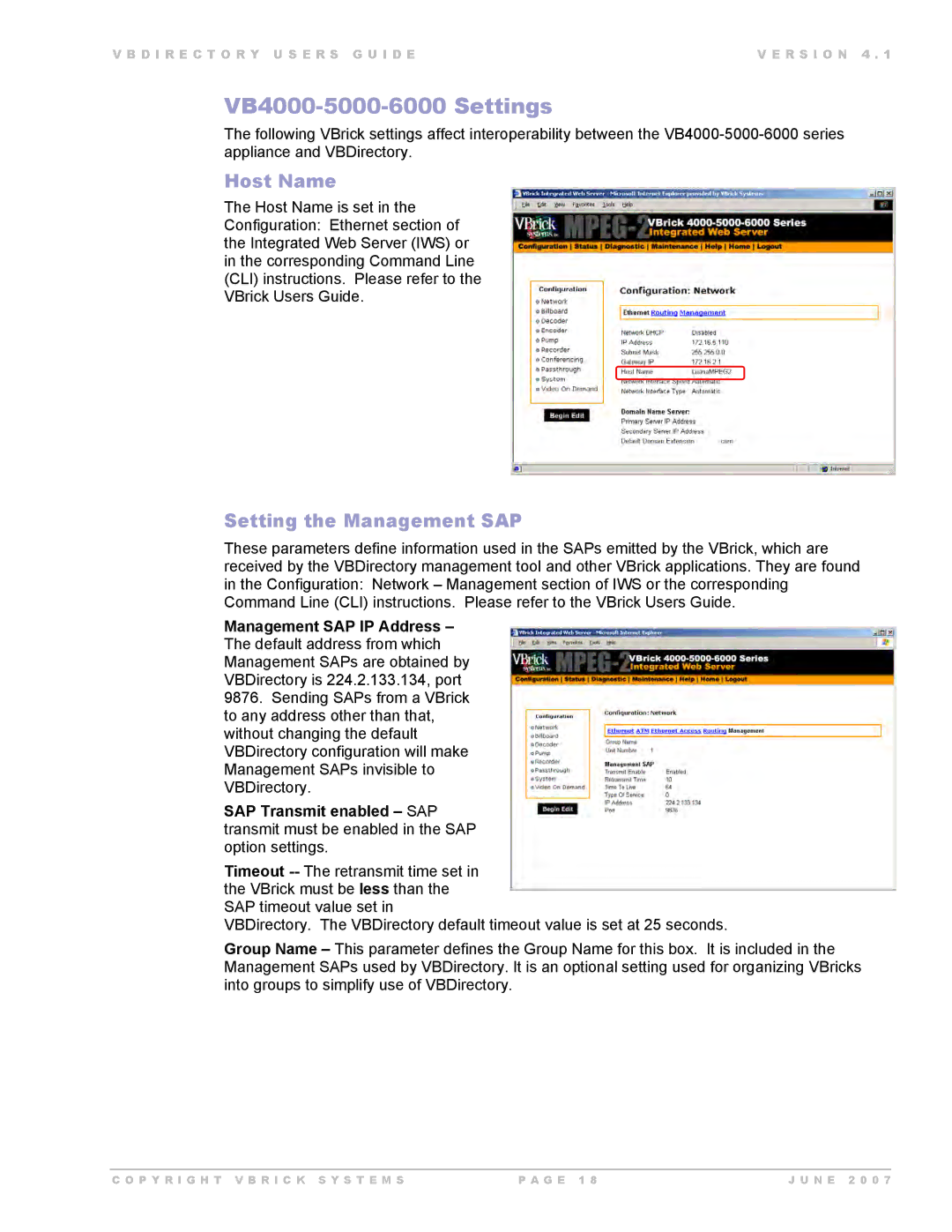 VBrick Systems VB Directory System manual VB4000-5000-6000 Settings, Setting the Management SAP 