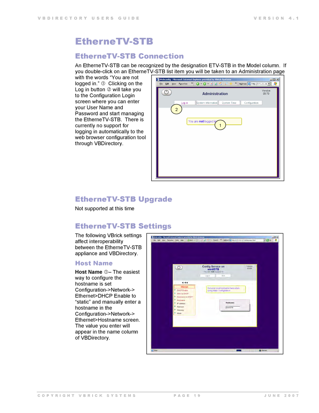 VBrick Systems VB Directory System manual EtherneTV-STB Connection, EtherneTV-STB Upgrade, EtherneTV-STB Settings 