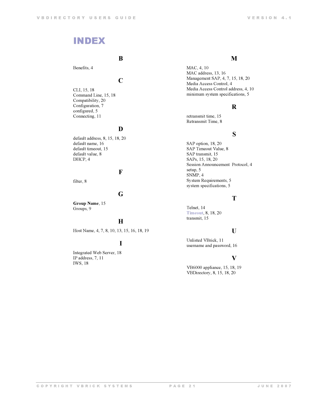 VBrick Systems VB Directory System manual Index 