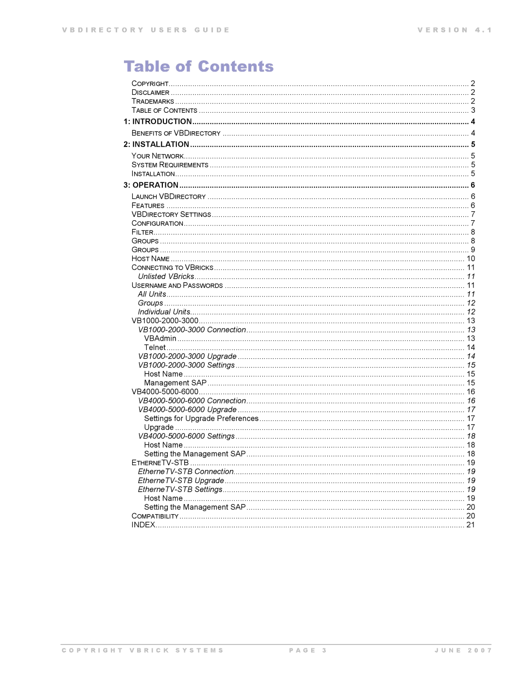 VBrick Systems VB Directory System manual Table of Contents 