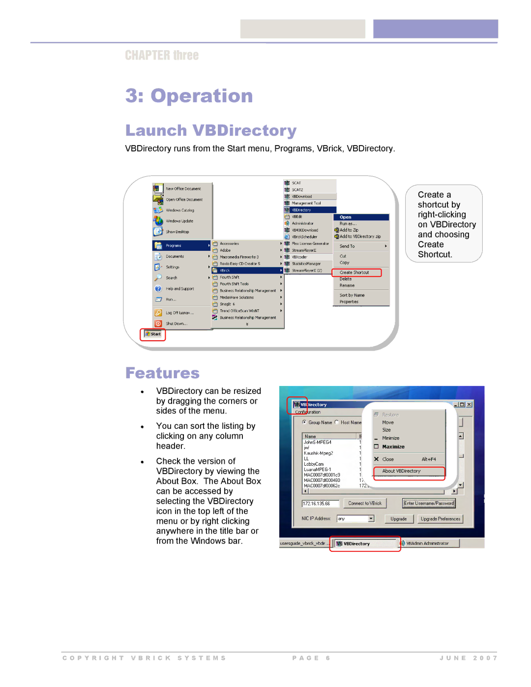 VBrick Systems VB Directory System manual Launch VBDirectory, Features 