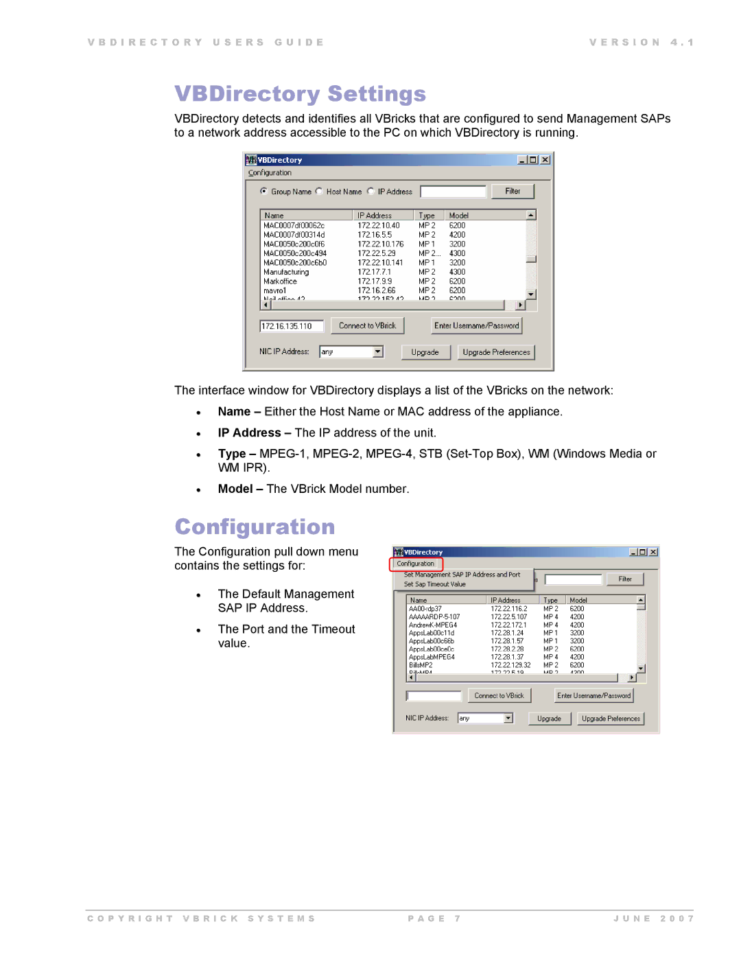 VBrick Systems VB Directory System manual VBDirectory Settings, Configuration 