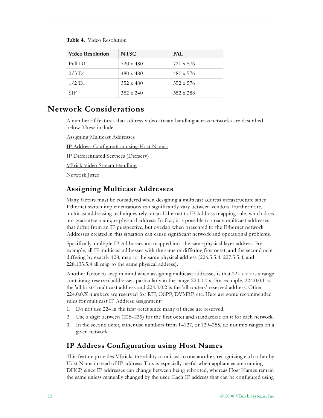 VBrick Systems VB6000 Network Considerations, Assigning Multicast Addresses, IP Address Configuration using Host Names 