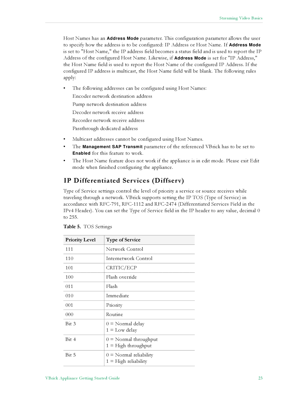 VBrick Systems VB4000, VB6000, VB5000 manual IP Differentiated Services Diffserv, Priority Level Type of Service 